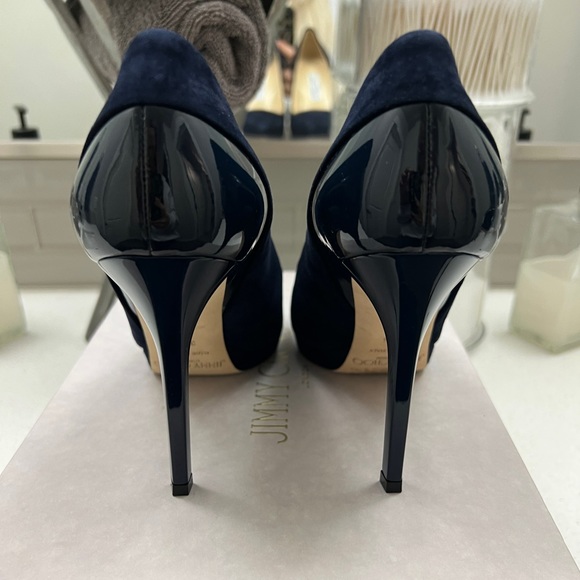Jimmy Choo Rudy Suede Patent Navy Pumps 100mm - Picture 8 of 13